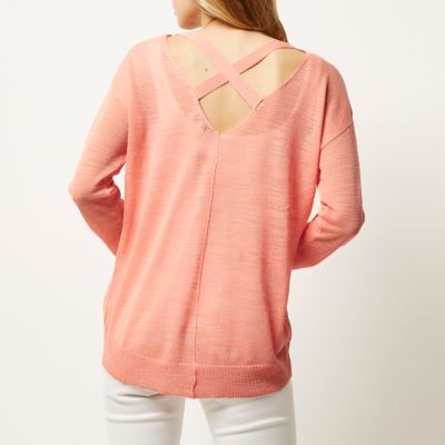 Pink slouchy knitted V-neck jumper